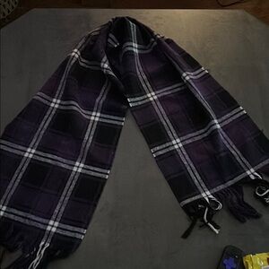 Black and Purple Plaid Scarf with Fringed Ends